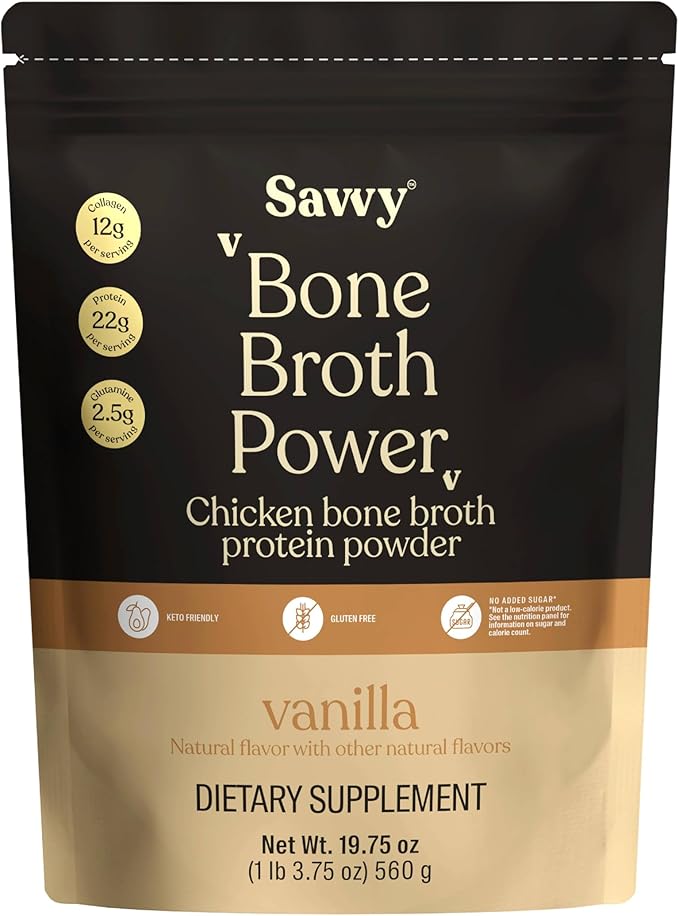 SAVVY Vanilla + Chocolate Bone Broth Protein Bundle Protein Powder – 22g Protein 12g Collagen Glutamine MCTs – for Muscle Joint Digestive &amp Skin Health – Dairy-Free Keto – 560g (16 Servings