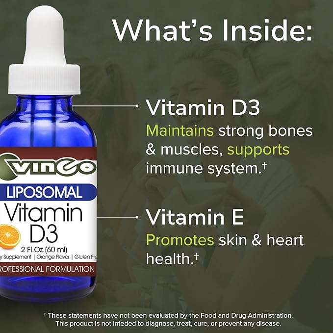 Vinco Inc - Liposomal Vitamin D3 Support Daily Supplement | 60 ml (60 Servings) | Maintain Strong Bones | Immune Resilience &amp Mood Balance | Gluten Free &amp Vegetarian