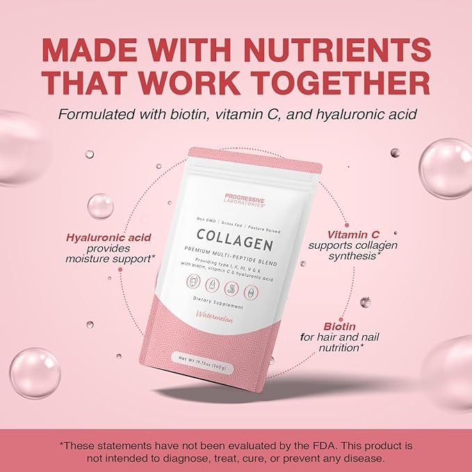 Multi-Type Collagen Powder (Watermelon) – Types I II III V &amp X for Skin Hair Nail &amp Joint Support – Multi Collagen Supplement With Biotin Vitamin C &amp Hyaluronic Acid – Grass-Fed Non