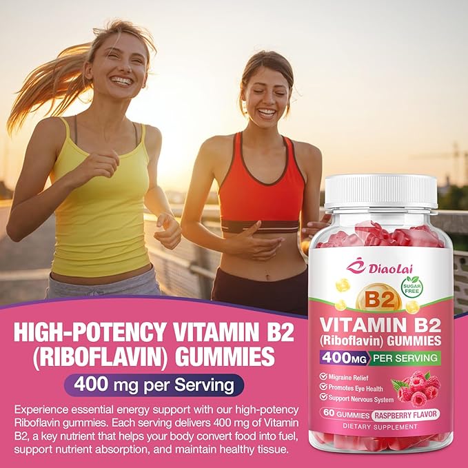 Vitamin B2 Gummies Riboflavin 400mg Supplement with Magnesium for Kids &amp Adults B2 Gummies for Migraine Relief &amp Nervous System Support Vegan Raspberry Flavor 120 Count