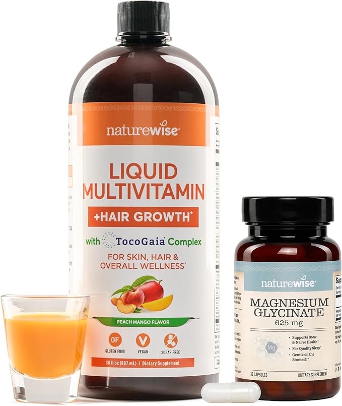 NatureWise [1] Liquid Multivitamin Hair Growth - Sugar Free Peach Mango - 30 floz[30Servings] + [1] Magnesium Glycinate 625mg - Chelated Magnesium - 30 Capsules[30-Day Supply]