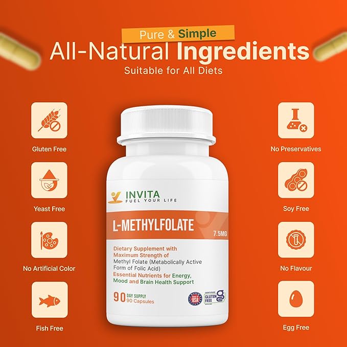 INVITA L-Methylfolate 7.5mg – Physician Formulated Active Methyl Folate - 5-MTHF Supplement for Energy Mood &amp Brain Health Support - Non GMO Gluten Free 90 Capsules (3 Month Supply)