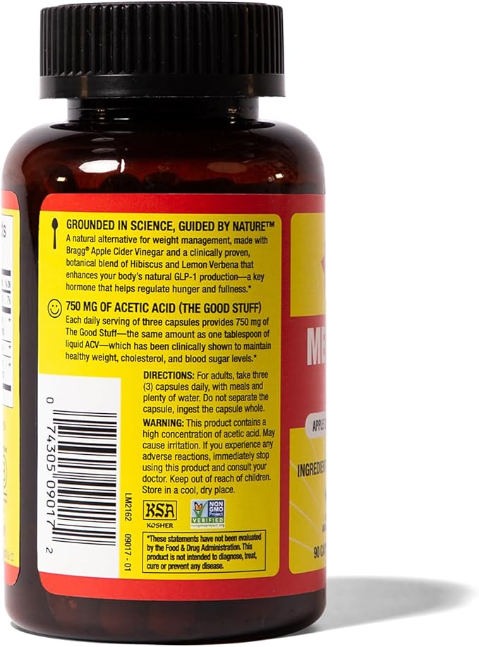 Bragg Metabolism Support Apple Cider Vinegar Capsules with Botanical Blend - 90 Capsules - Increased GLP-1 Support for Weight Management Appetite Control and Fullness