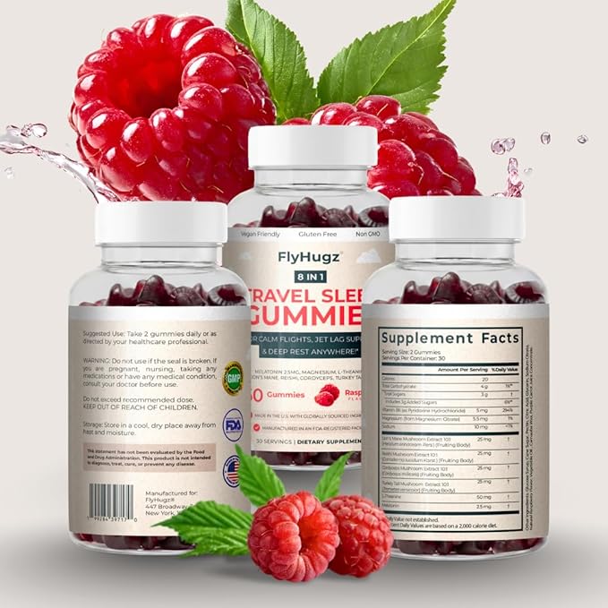 FlyHugz Travel Sleep Support Gummies for Adults with Melatonin L Theanine and Magnesium 60 Vegan Gummies 30 Day Supply Supports Relaxation Calm and Restful Sleep Raspberry Flavor