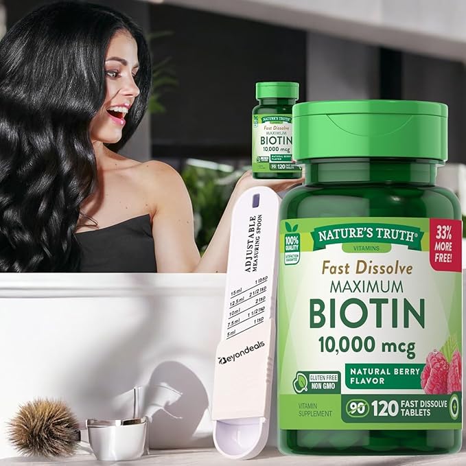 Nature's Truth Biotin 10000 Mcg Supplement for Hair Growth 120 Fast-Dissolve Biotin Supplement Bundled Plastic Measuring Spoon - Vegetarian Non-GMO Berry Flavored [Pack of 3]