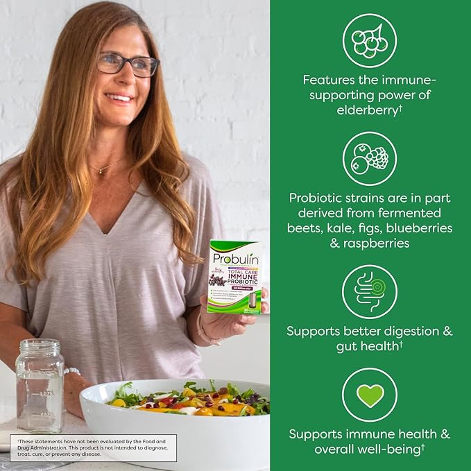 Probulin Total Care Immune = Prebiotics + Probiotics + Postbiotics + Elderberry to Support Immune &amp Gut Health - 20 Billion CFU - 10 Strains - 30 Vegan Capsules (Pack of 3)