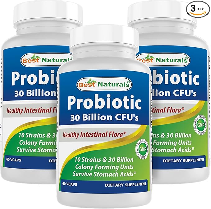 Best Naturals Probiotic 10 Strains &amp 30 Billion CFU Intestinal Flora 60 Veggie Capsules (60 Count (Pack of 3))