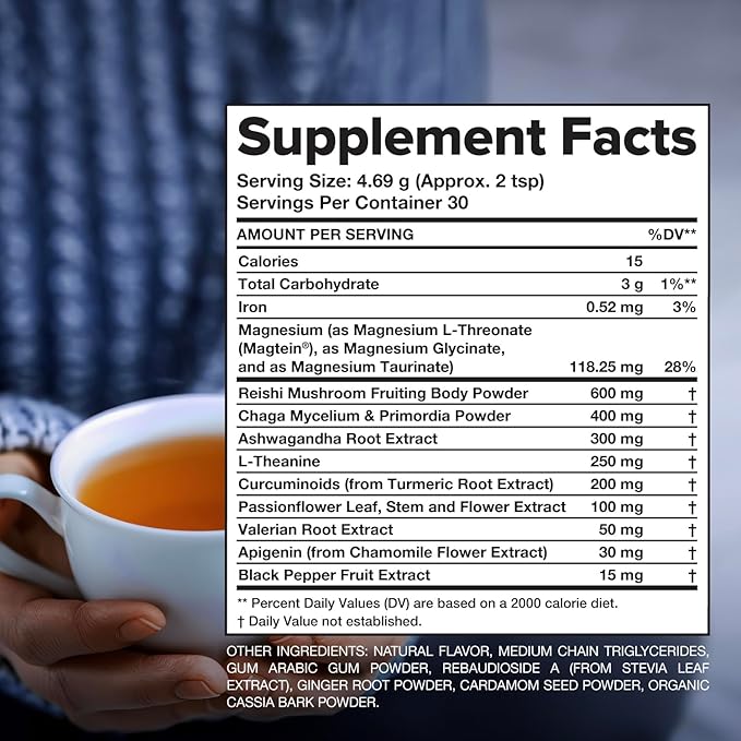 Complement Restore Golden Latte - Calm Magnesium Powder Reishi Ashwagandha Valerian &amp L-Theanine - Deep Sleep Aid Drink Nighttime Recovery Relaxation Adaptogens Mix - No Melatonin (30 Serving