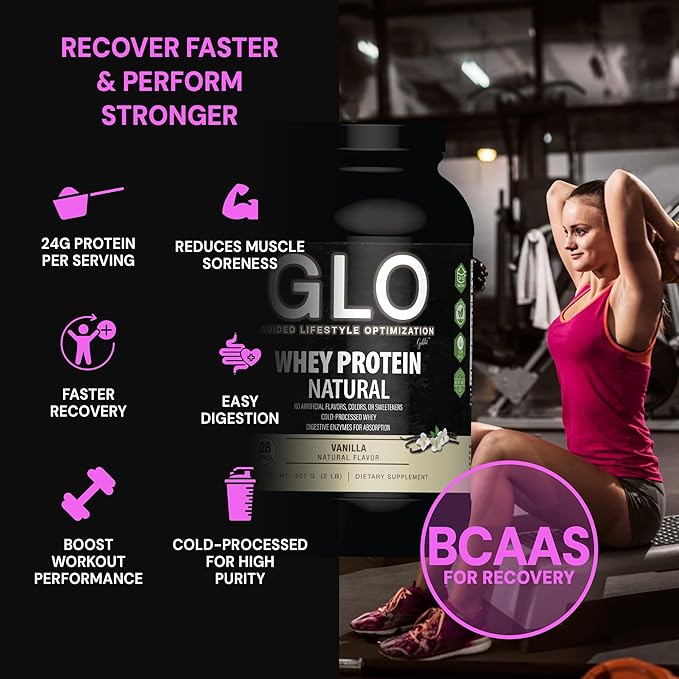 GLO Health Foods Cold-Processed Whey Protein - Vanilla Flavor - 24g Protein per Serving - Whey with Digestive Enzymes &amp BCAAs - Supports Muscle Growth Strength &amp Recovery - 2 LB (28 Servings)