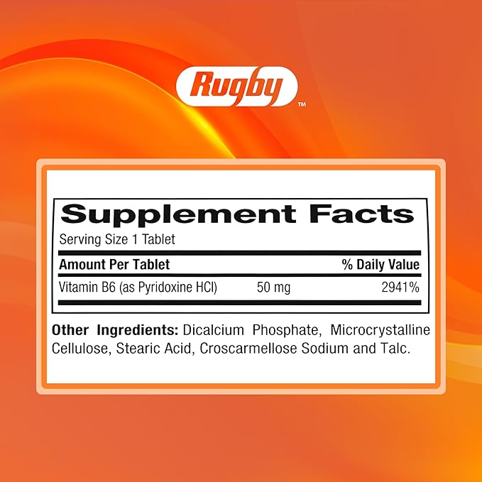 Rugby Vitamin B6 50 mg Tablets Gluten-Free Dietary Supplement for Adults No Preservatives or Additives - 1000 Count (1 Pack)