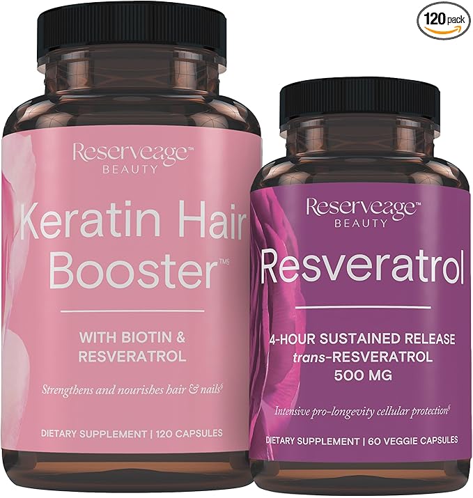 Reserveage Nutrition Keratin Hair Booster with Biotin &amp Resveratrol Hair and Nail Growth Supplement 120 Capsules (60 Servings) &amp Resveratrol 500 mg Supports Healthy Aging and Immune System