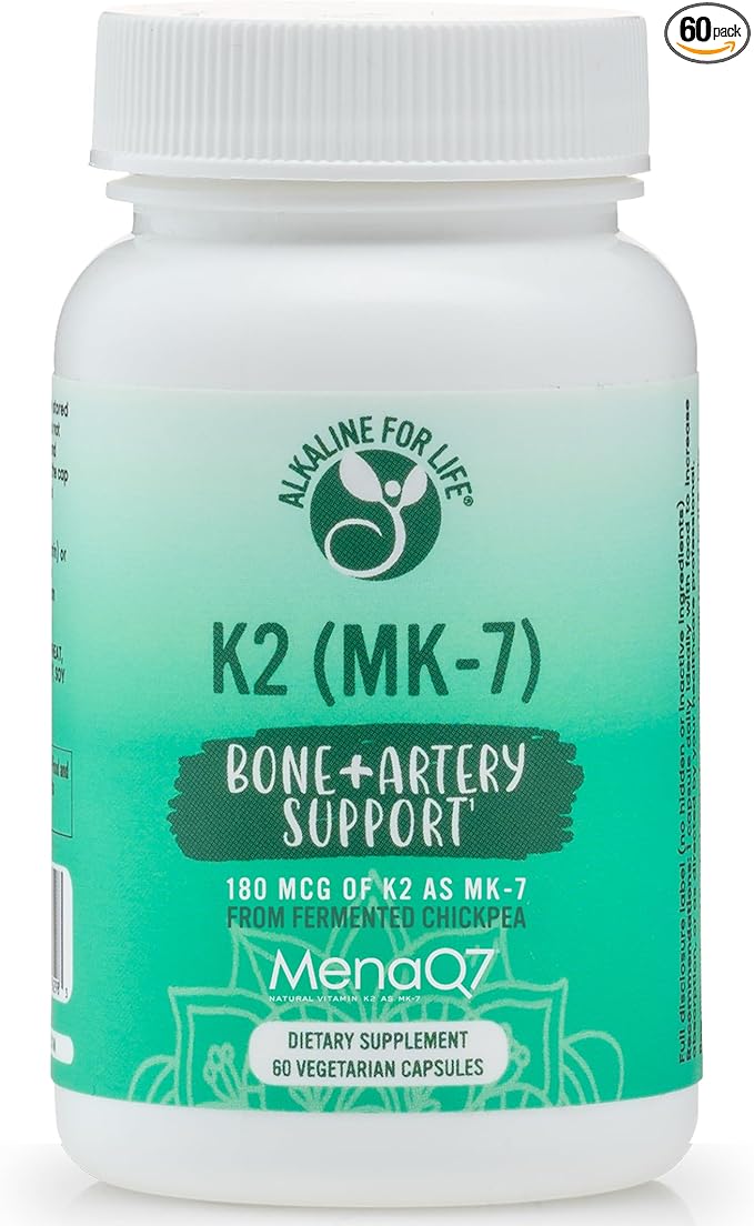 Alkaline for Life Vitamin K as MK-7| Natural Vitamin K2 from Fermented Chickpeas MENAQ7 180 mcg |One-per Day| 60 Day Supply Supports Bone &amp Heart Health | Easy to Swallow