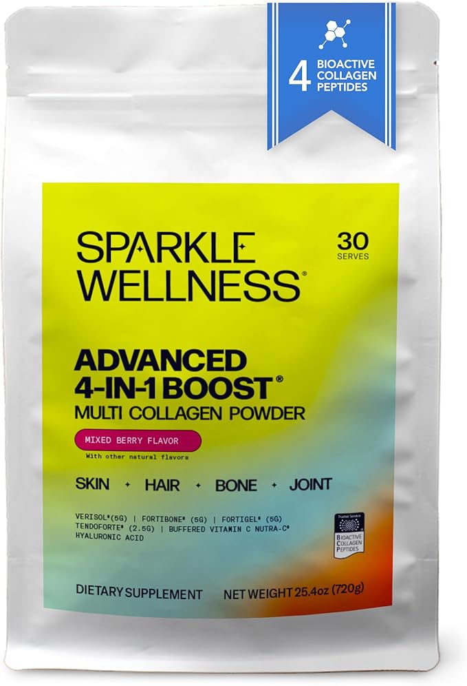 Sparkle Wellness Advanced 4 in 1 Boost | Clinically Tested Multi Collagen Powder with VERISOL FORTIBONE FORTIGEL TENDORFORTE | Skin Bone Joint Health | Mixed Berry