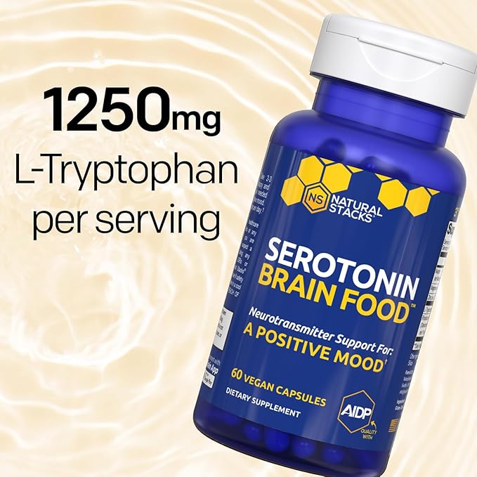 Serotonin Brain Food - 1250mg L-Tryptophan &amp 400mg Rhodiola Rosea Supplement - Mood Support Supplement for Stress Relief - Neurotransmitter Support with Magnesium Glycinate &amp Zinc - 60 Capsule