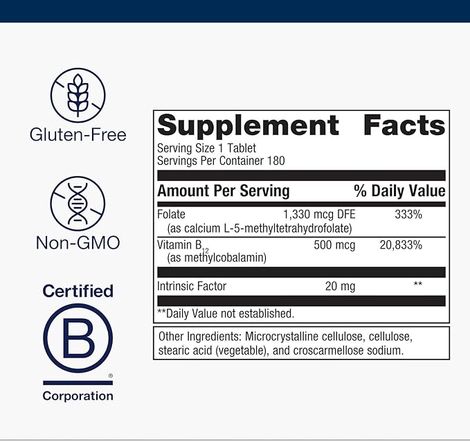 Metagenics Intrinsi Vitamin B12-Folate - with Methylcobalamin L-5-MTHF &amp Intrinsic Factor - Supports Energy Metabolism Nervous System &amp Heart Health - Non-GMO &amp Gluten-Free - 180 Tablets