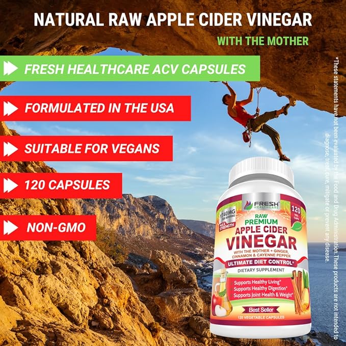 FRESH HEALTHCARE Apple Cider Vinegar Capsules with The Mother - 1740mg Non-GMO Gluten Free ACV Complex with Ceylon Cinnamon Ginger &amp Cayenne for Digestion Support &amp Healthy Living - 120 Vegan