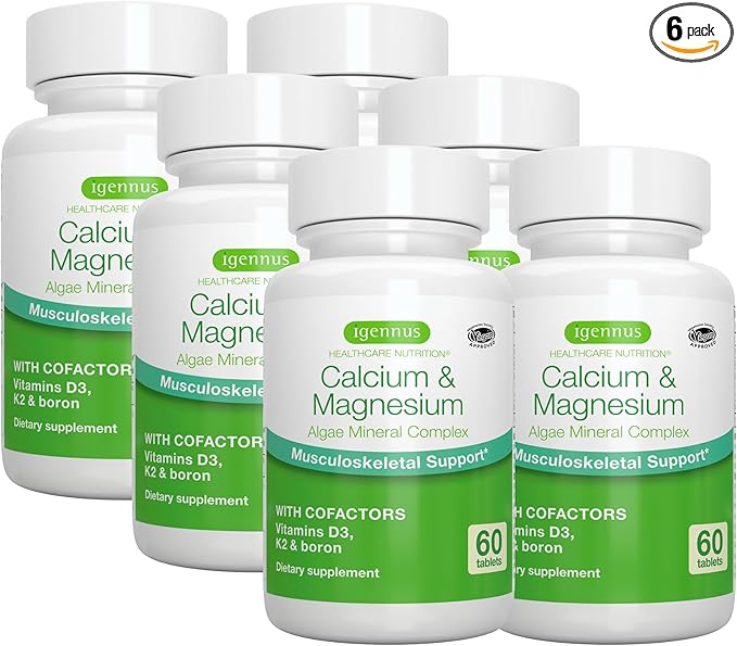 Igennus Algae Calcium &amp Magnesium Supplement Plant Based High Absorption K2 &amp D3 Non-GMO Red Algae Mineral Complex for Bone &amp Teeth Support for Women and Men with Boron Vegan 6 x 6