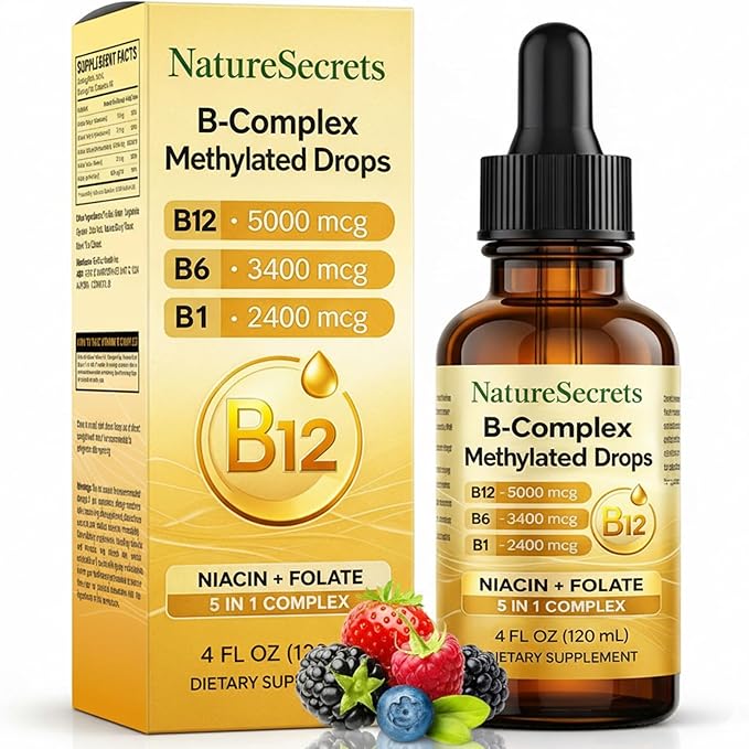 NATURESECRETS B-Complex Methylated Drops B12 B6 B1 Sublingual Vitamin B Complex Energy &amp Nervous System Support Raspberry Flavor 4 fl oz