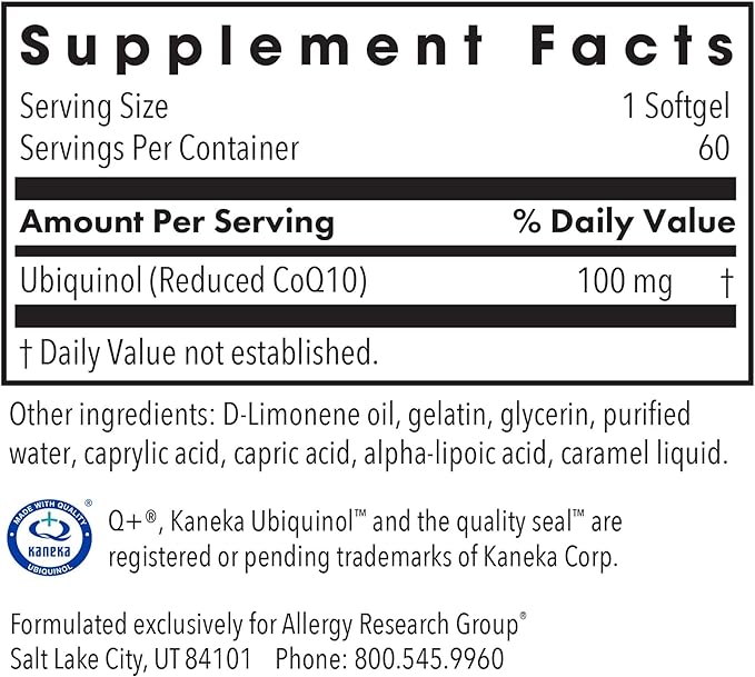 Allergy Research Group CoQ10 Ubiquinol - Delivers 100 mg CoQ10 - Supports Cellular Energy Production Antioxidant Activity &amp Heart Wellness - 60 Servings - 60 Vegetarian Capsules