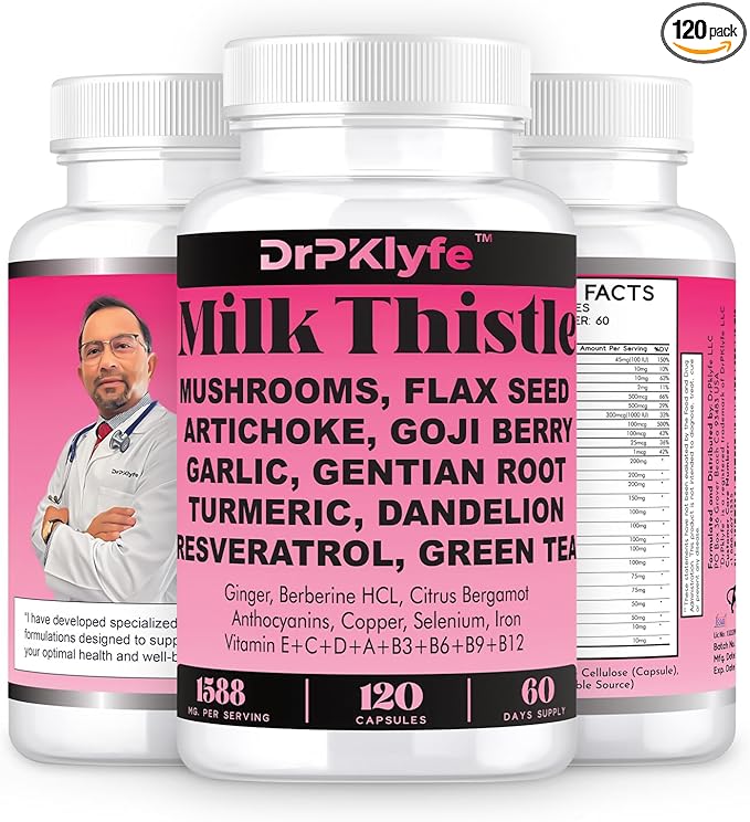 Milk Thistle Capsules for Liver Detox &amp Cleanse Support – with Dandelion Root Resveratrol Artichoke Moringa Silymarin – 120 Capsules (60-Day Supply)