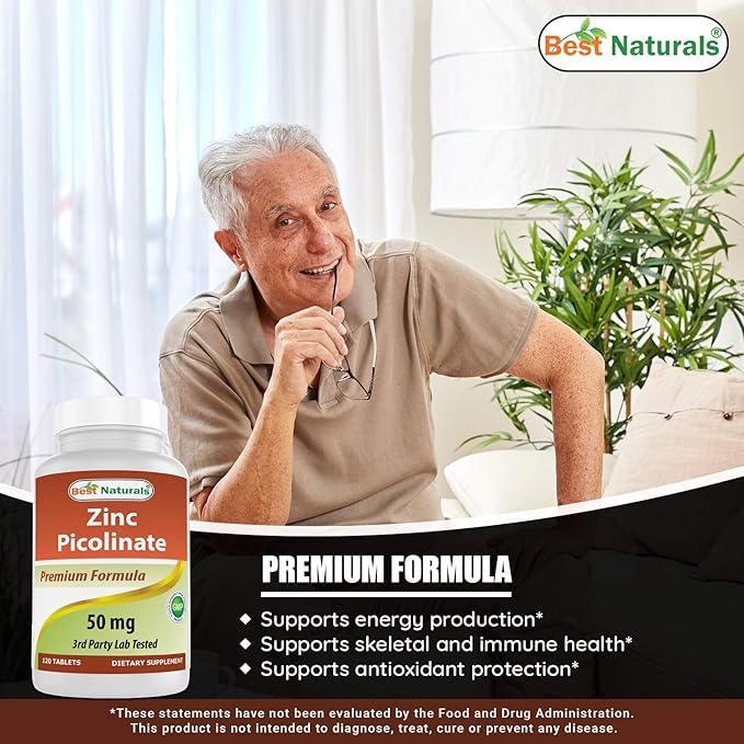 Best Naturals Zinc 50mg Supplements (as Zinc Picolinate) - Vitamins for Adults Immune Support - 120 Tablets (120 Count (Pack of 3))