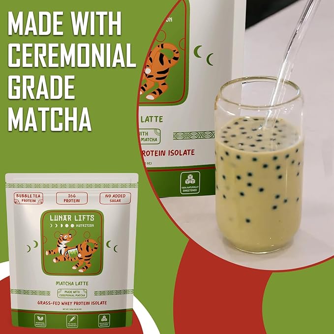 Lunar Lifts Nutrition Matcha Latte - Boba Tea Protein Powder | 26g Whey Protein Isolate Matcha Powder | Ceremonial-Grade Matcha Bubble Tea Protein Powder | No Added Sugar &amp Artificial Ingredients