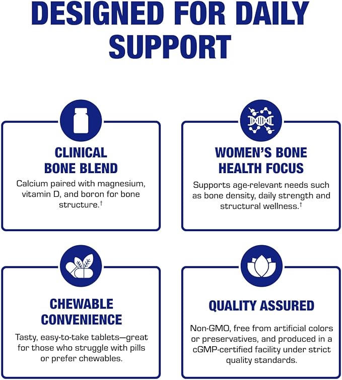 Chewable Calcium Supplement for Women - Clinical Bone Supplement with Chewable Calcium with Vitamin D Magnesium and Boron Complex for Bone Health &amp Strength Support - Made in The USA - 30 Servings