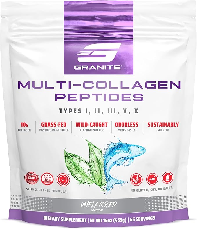 Granite Supplements Collagen Peptides Powder - Hair Skin and Nails Vitamins with Type I II III V X Hydrolyzed Collagen Peptides for Nail Growth Bone Mobility &amp Joint Support (16oz)