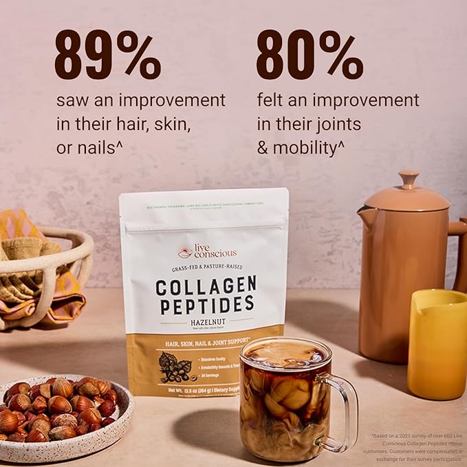 Live Conscious Collagen Peptides Powder - Hazelnut Flavored Collagen Powder - Hair Skin Nail &amp Joint Support - Type I &amp III Grass-Fed Collagen Supplements for Women and Men - 30 Serving - 1