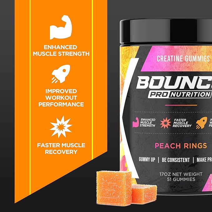 Bounce Pro Creatine Monohydrate Gummies for Men &amp Women Low Calorie 6G of Creatine per Serving Vegan Anti-Melting Gluten-Free Non-GMO 2g of Creatine per Gummy (30ct Peach Rings)