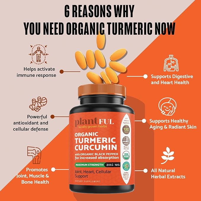 Organic Turmeric Supplement with Black Pepper Highest Potency USDA Certified [Non-GMO Organic Curcumin 2115mg] Antioxidant Joint &amp Immune Support 120 Tablets