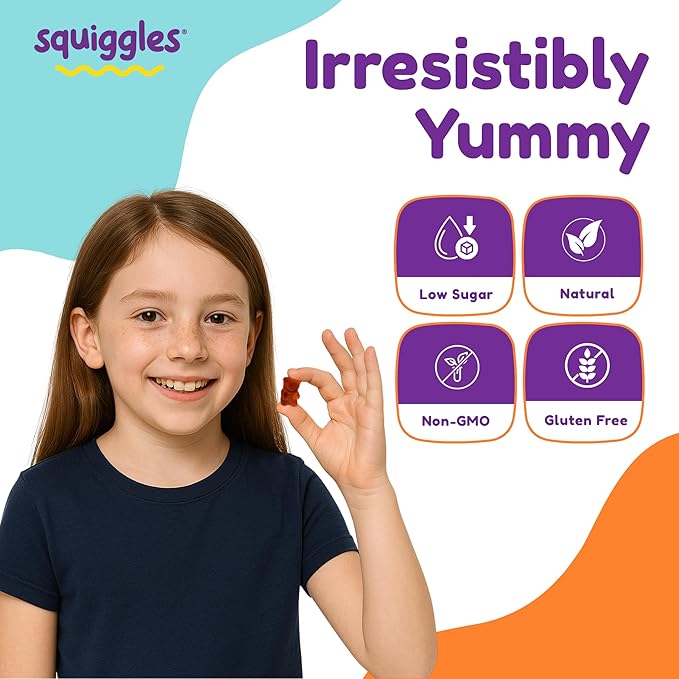 Squiggles Kids Multivitamin + Iron Gummies - Low Sugar Gummy Vitamins with Iron Supplements for Kids - Broad Spectrum of Vitamins and Minerals Chewy Yummy Berry Flavor (100 Count)