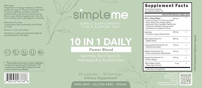 Burdock Root Organic and Bladderwrack 10 in 1 Immunity Booster Power Blend with Irish Sea Moss Ashwagandha and Black Seed Supplement for Men and Women Seamoss Pills Herbal Vegan - 60 Capsules