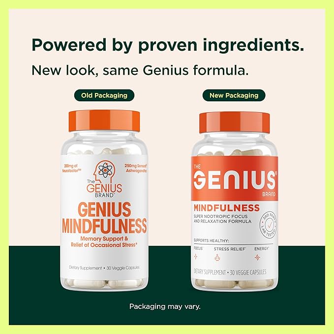 The Genius Brand Genius Mindfulness - Brain Health Supplement - Supports Healthy Mindsets - Calm Energy Memory &amp Focus Support - Ashwagandha NeuroFactor &amp More - 30 Veggie Pills