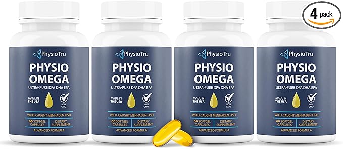 Physio Omega 2400mg Fish Oil with Omega 3 Fatty Acid Supplement - Vascular &amp Cognitive Supplements for Adults - Non-GMO Burpless Light Citrus Flavor Sustainably Sourced - 4 Packs 240 Softgels