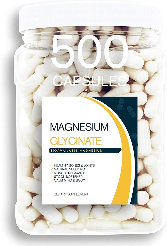 Magnesium Glycinate - 500CT 400 mg Pure Mg2+ per Serving complexed with Glycine for Maximal Absorption in a Clear Square Grip Jar