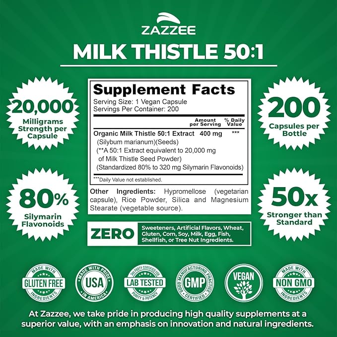 Zazzee USDA Organic Dandelion &amp Milk Thistle Supplements | 10:1 Organic Dandelion Root Extract Plus 50:1 Milk Thistle Extract Capsules | Liver Cleanse Detox Bundle
