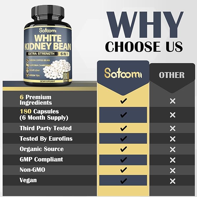 Satoomi 6in1 White Kidney Bean Extract Capsules - 6 Month Supply - Extra Blend with Olive Leaf Green Coffee Bean &amp Green Tea - 180 Counts