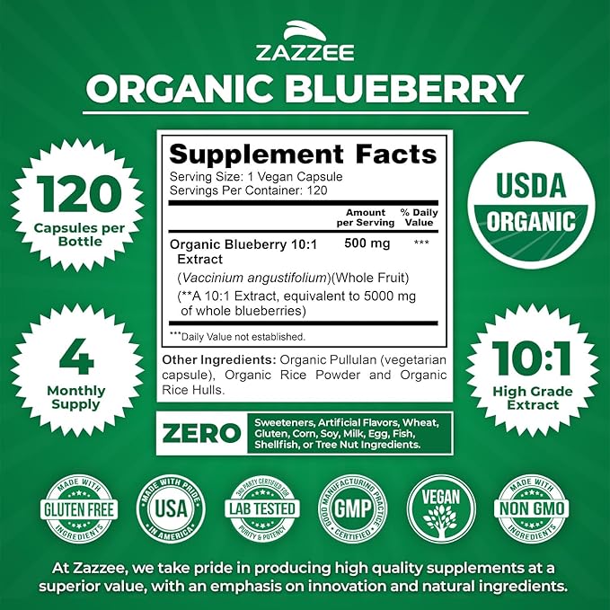 Zazzee USDA Organic Blueberry 10:1 Extract 120 Vegan Capsules 4 Month Supply Whole Fruit Vaccinium Angustifolium Antioxidant &amp Cellular Health Support Herbal Supplement Non-GMO Made in the