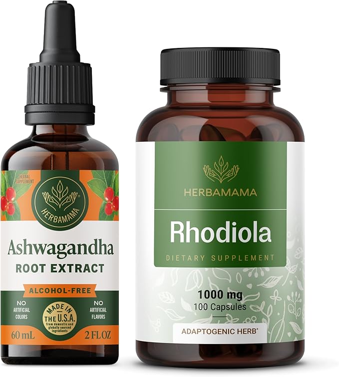 HERBAMAMA Ashwagandha and Rhodiola Rosea Kit - Bundle of Ashwagandha Liquid Drops 2 Fl Oz &amp 1000mg Rhodiola Rosea Capsules - Vegan Non-GMO Gelatin-Free - 2 Pack