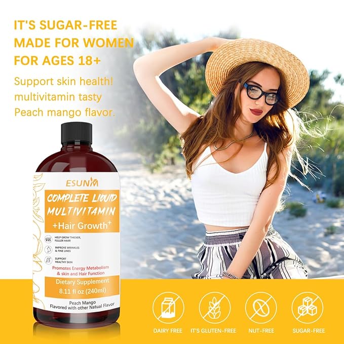 Hair Growth Liquid Multivitamin | Biotin for Hair Growth Supplement | Clinically Tested in Women for Thicker Hair &amp Facial Wrinkle | Skin Care | Ages 18+ | 8.11 Fl Oz