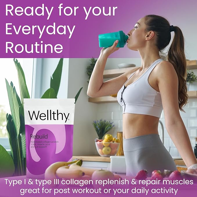 Wellthy Collagen Peptides Protein Powder - Grass Fed Hydrolyzed Collagen for Hair Growth Skin Nails Gut and Joint Support - 20000mg Collagen &amp 18g Protein | Unflavored (15 Servings)