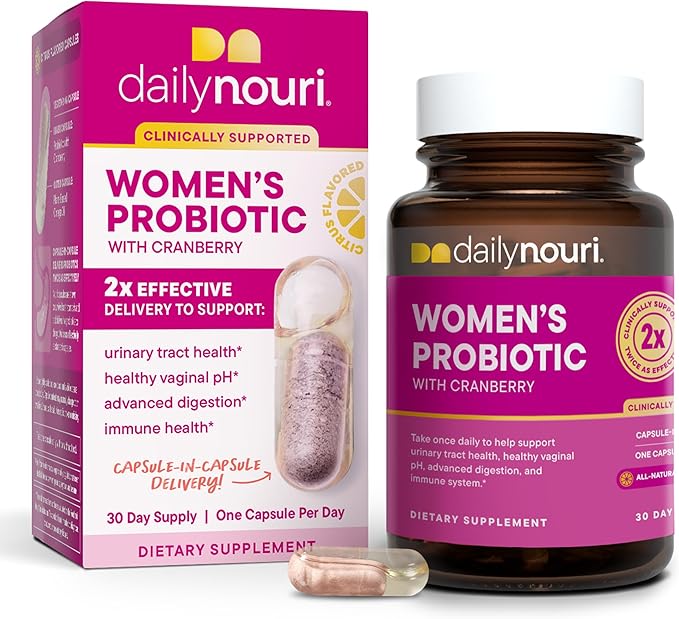 Daily Nouri Probiotics for Women | Vaginal Health + Urinary Tract Support | Vaginal pH &amp Microbiome Balance | 5 Clinically Studied Strains + Cranberry &amp Omega | 30-Day Supply