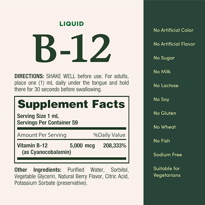 Nature’s Bounty Vitamin B12 5000 mcg Sublingual Liquid Cardiovascular Health &amp Cellular Energy Support 2 Fl Oz (1 Count)