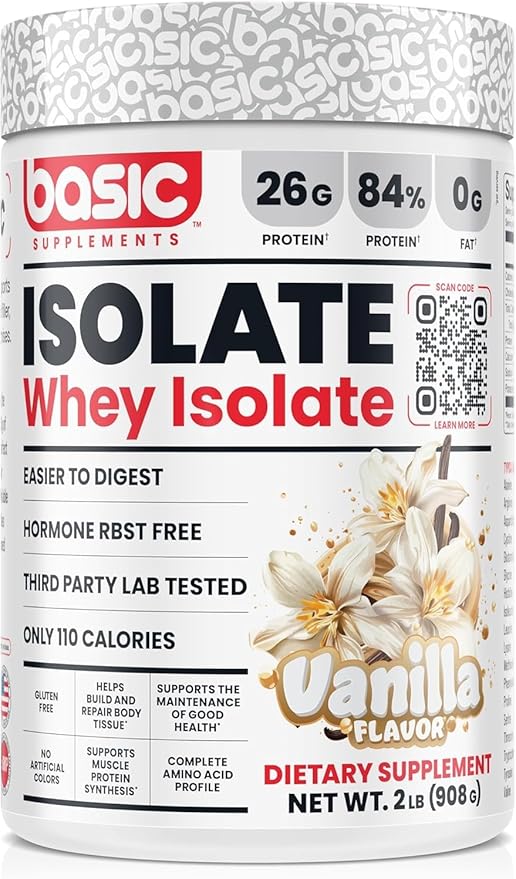 Basic Whey Protein Isolate 26g Protein 0g Fat Gluten-Free RBST-Free Rapid Absorption 110 Calories