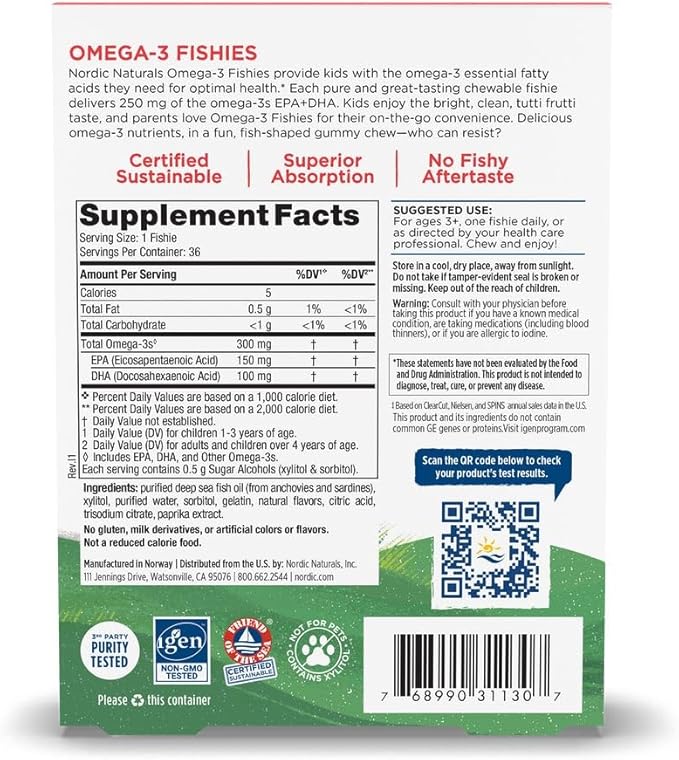Nordic Naturals Nordic Omega-3 Fishies Tutti Frutti - 36 Fishies - 300 mg Total Omega-3s with EPA &amp DHA - Healthy Brain Mood Vision &amp Immune System - Non-GMO - 36 Servings