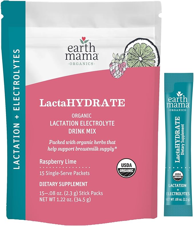 Earth Mama Organic LactaHYDRATE Lactation Hydration Drink Mix - 3.35 oz - USDA Certified Organic Electrolyte Drink with Herbs - Used to Help Support Breastmilk Supply for Breastfeeding &amp Pumping M