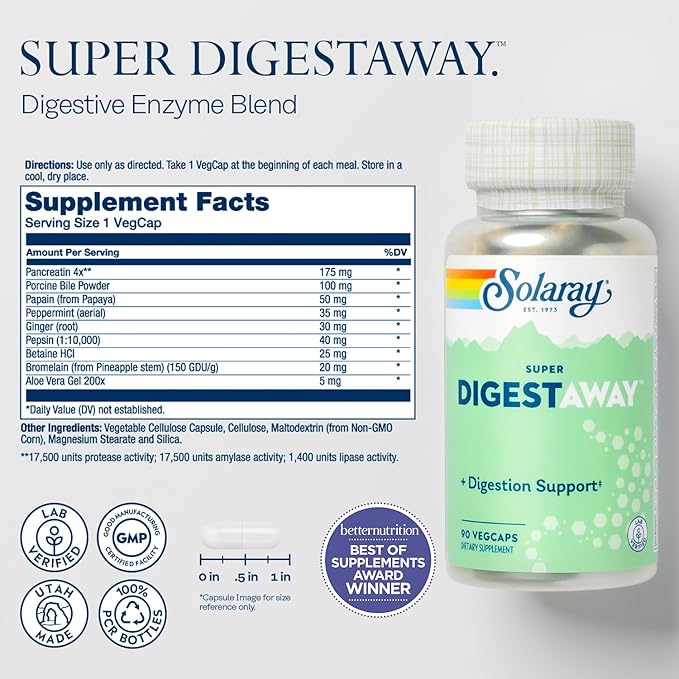 SOLARAY Oat Fiber Powder and Super Digestaway Digestive Enzymes - Soluble Fiber Supplement w/Beta Glucans for Heart Health Support - Digestion Formula w/Betaine HCl Ginger Papaya 30/90 Servings