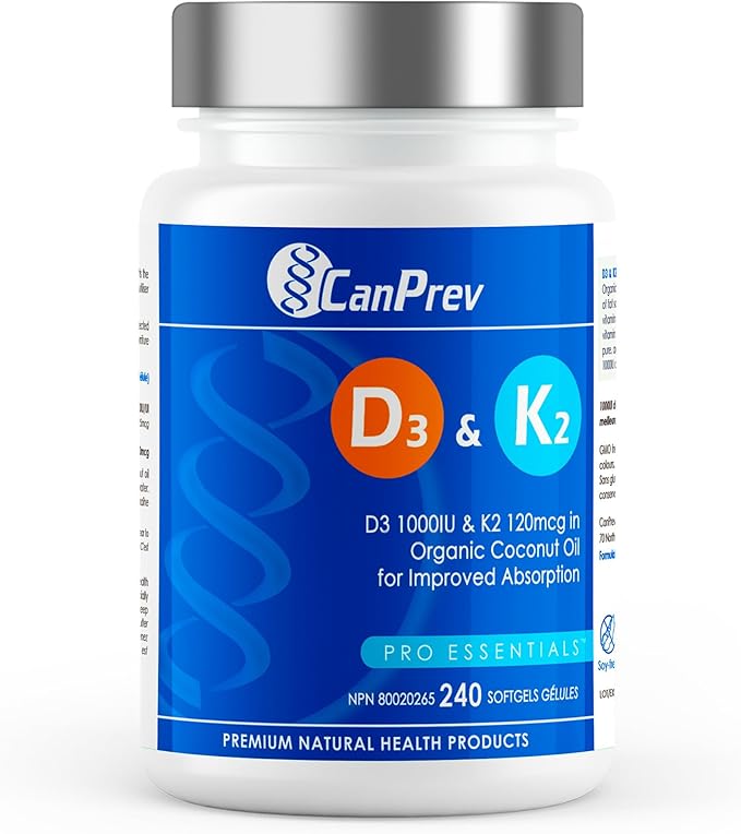CanPrev D3 &amp K2 Vitamins 240 Softgels 240-Day Supply 1000IU Vitamin D3 &amp 120mcg K2 Supports Strong Bones Teeth &amp Heart Wellness Easy-to-Absorb with Organic Coconut Oil No GMO Gluten