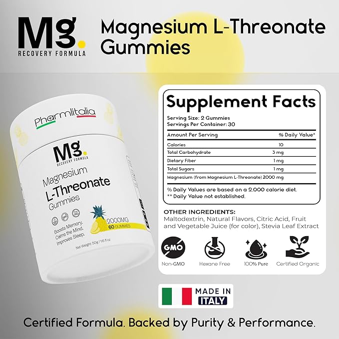 Magnesium L-Threonate Gummies for Adults &amp Kids 2000mg – Brain Supplements for Memory and Focus - Calm Magnesium Gummies for Improved Sleep and Healthy Mind - 60 Count (Pack of 1)